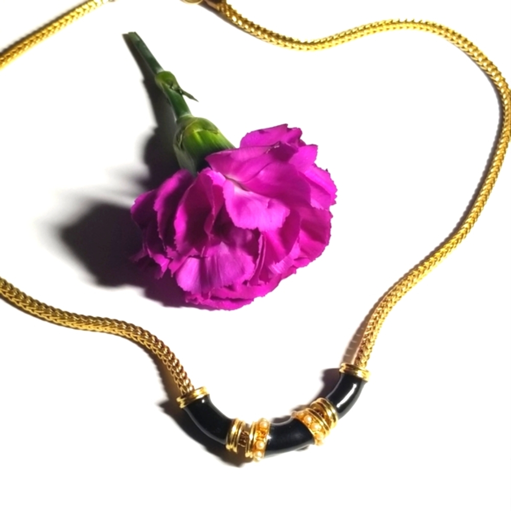 Vintage gold tone necklace black enamel tube beads on chain